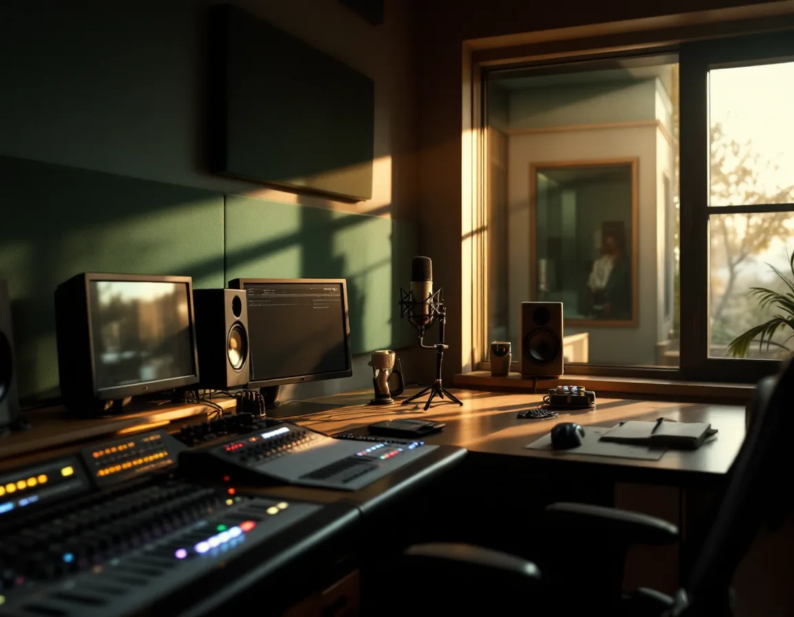 The Narrasonic control room — console, monitors, and acoustic treatment