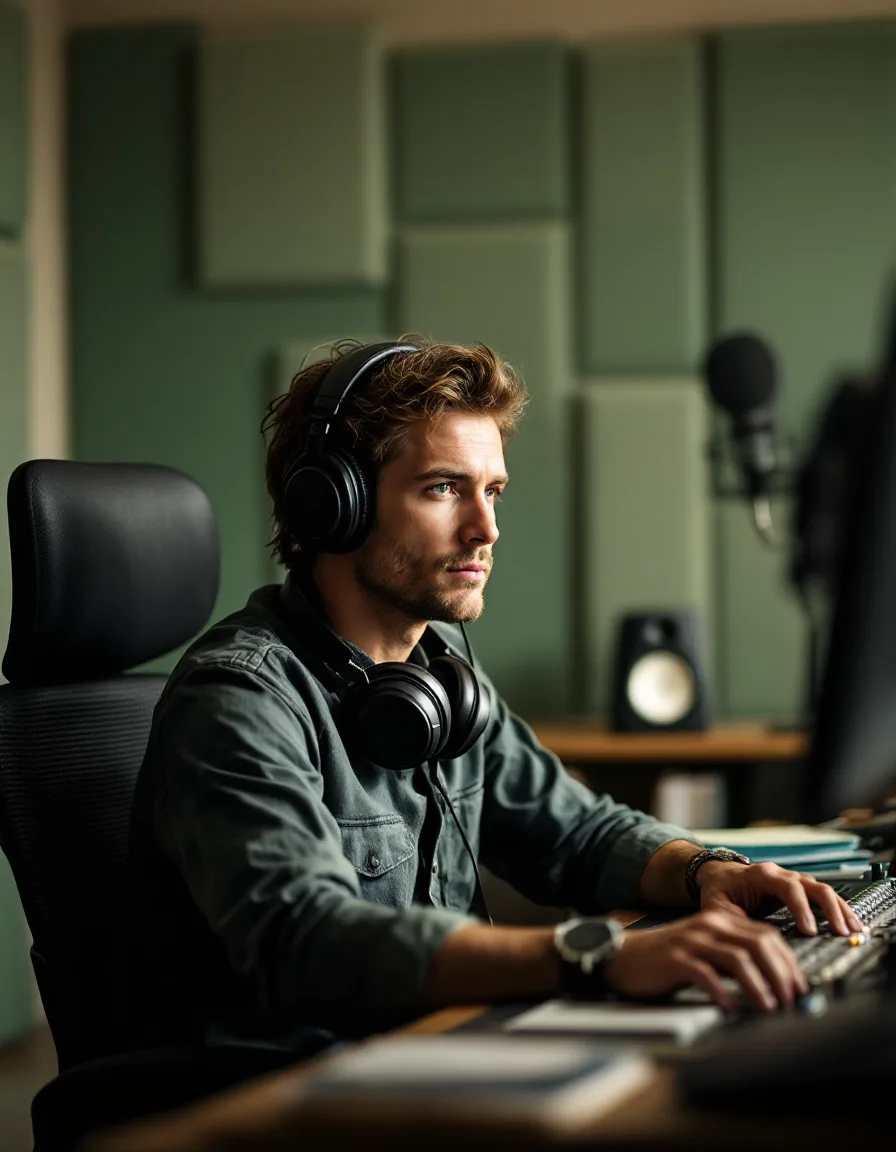 An audio engineer at the console in the Narrasonic studio