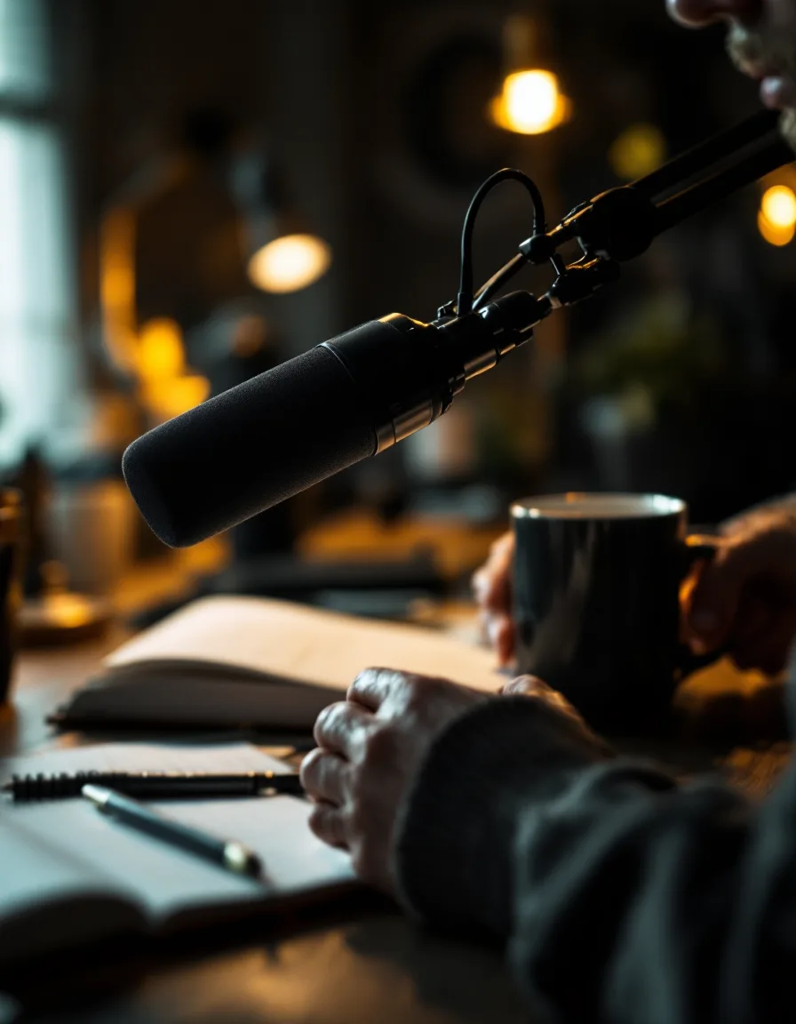 A microphone and notebook set up at the Narrasonic console, ready for a session